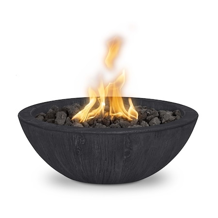 The Outdoor Plus 27 Round Sedona Fire Bowl, Wood Grain GFRC Concrete, Ebony, Match Lit with Flame Sense, Liquid Propane OPT-27RWGFOFSML-EBN-LP